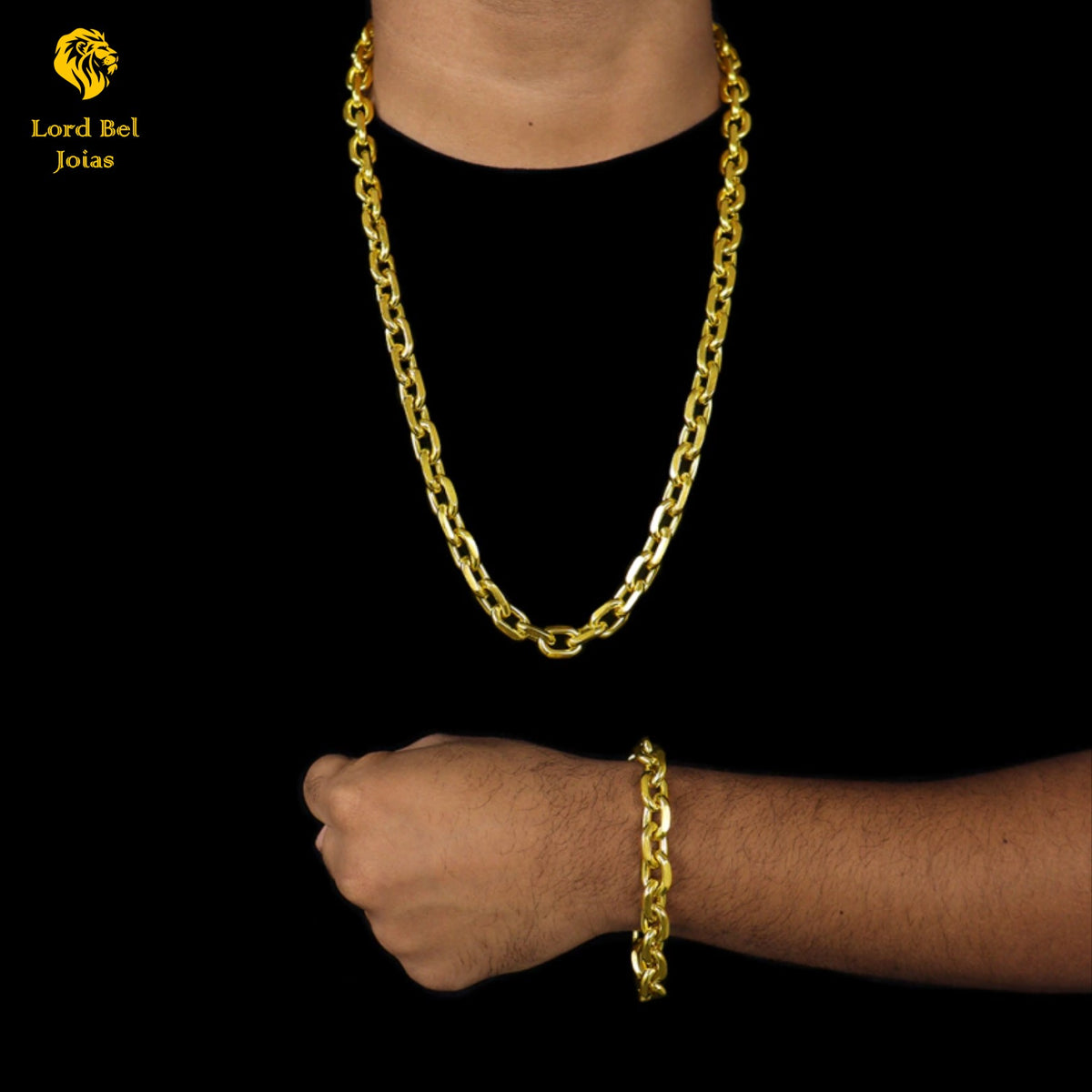 Conjunto de corrente e pulseira com pingente cadeado quina 15 mm