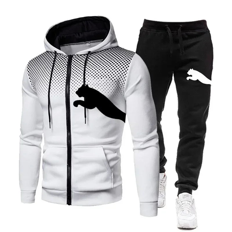 Men's autumn winter hooded sweatshirt and pants set for sports running and leisure