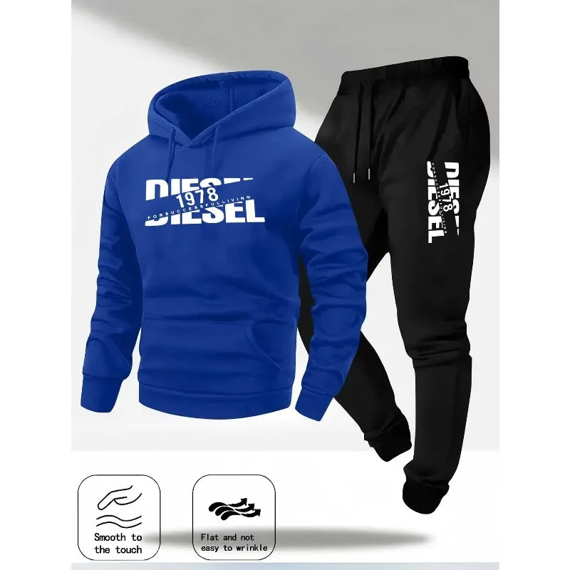 Conjunto moletom masculino duas peças com capuz, blusa e calça para frio, caimento confortável