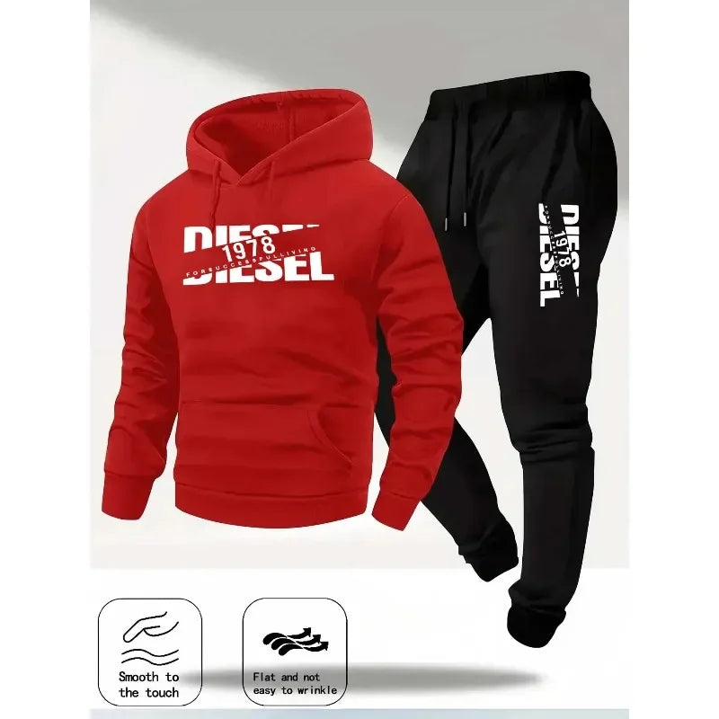 Conjunto de moletom masculino duas peças: blusa com capuz e calça, look esportivo e confortável