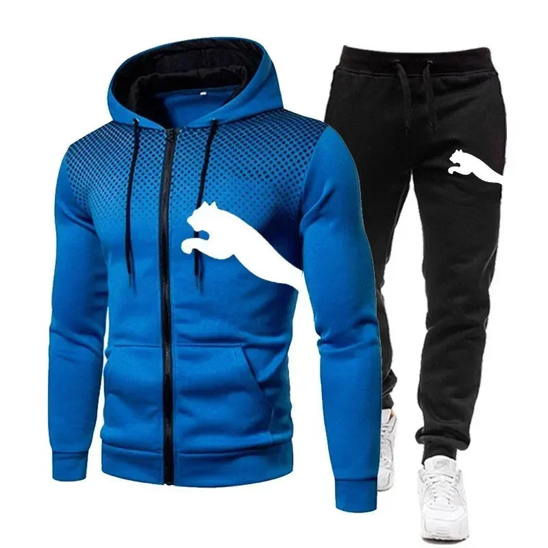 Men's autumn winter tracksuit with hooded sweatshirt and pants for running and leisure