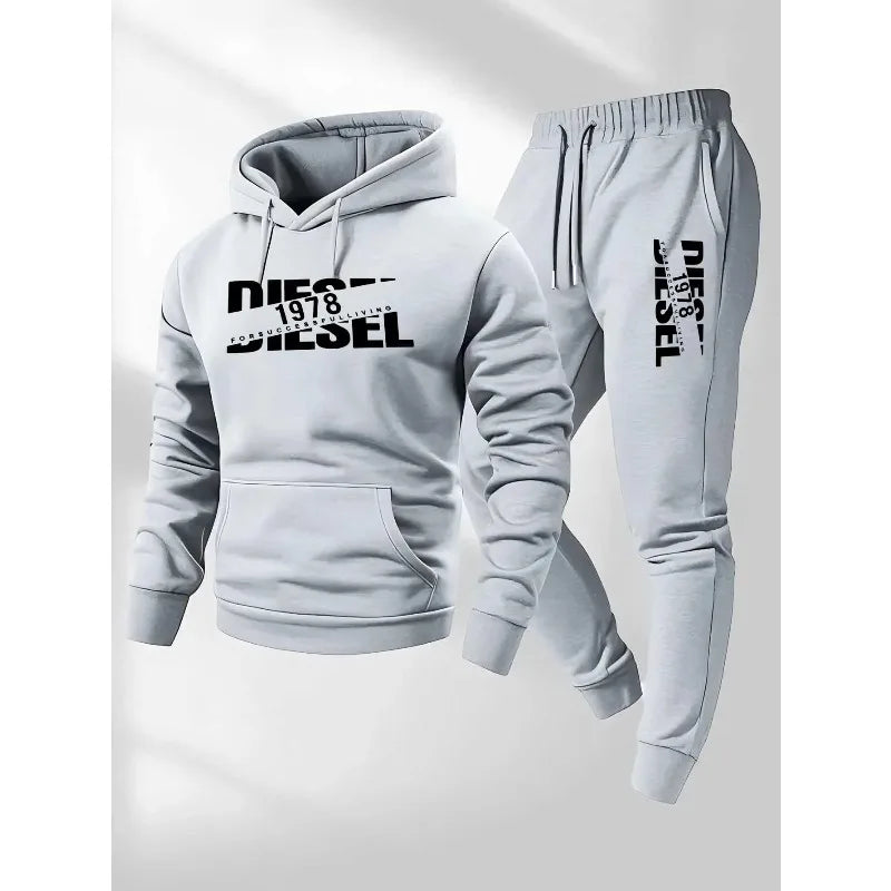 Conjunto moletom masculino de 2 peças com blusa de capuz e calça, roupa casual de inverno