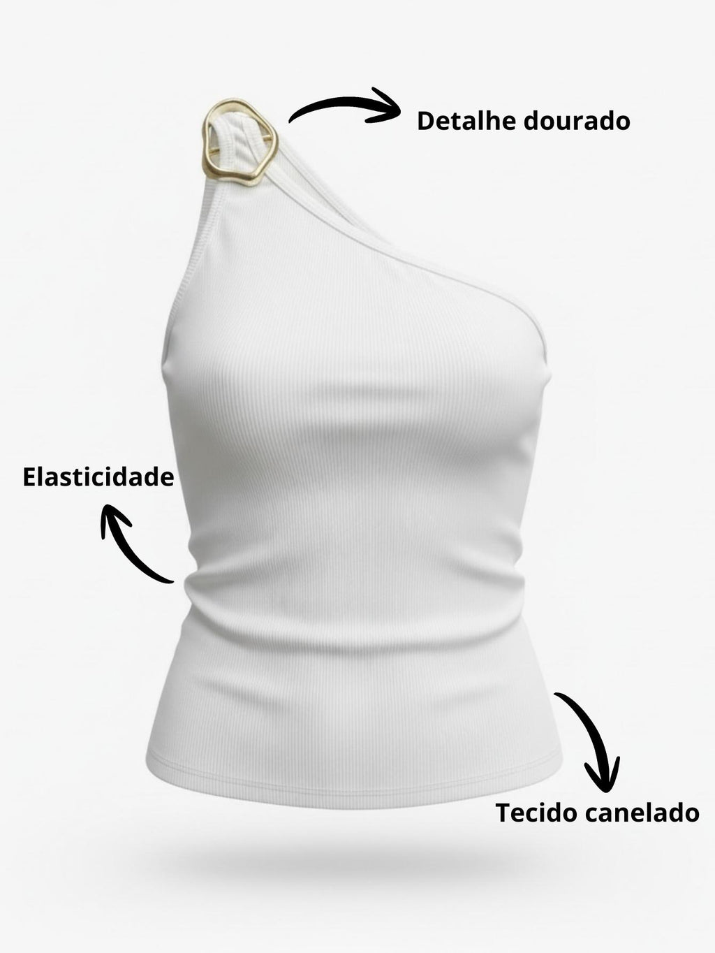 Blusa branca feminina assimétrica de um ombro com argola